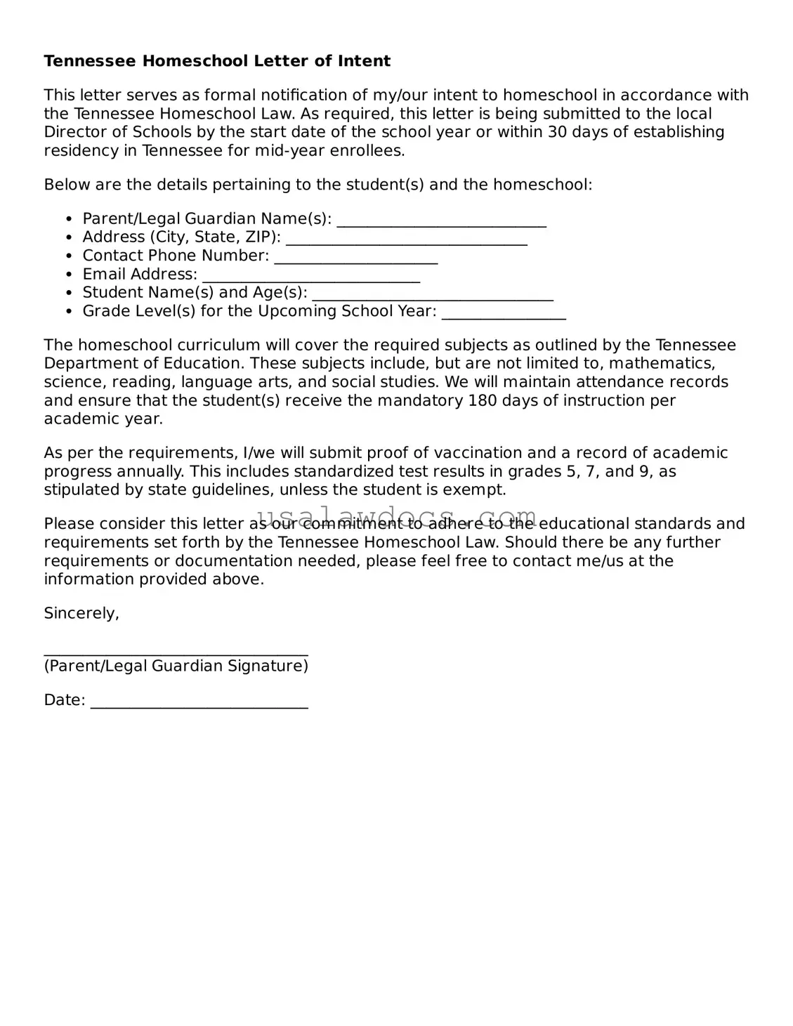 Attorney-Approved  Homeschool Letter of Intent Form for Tennessee