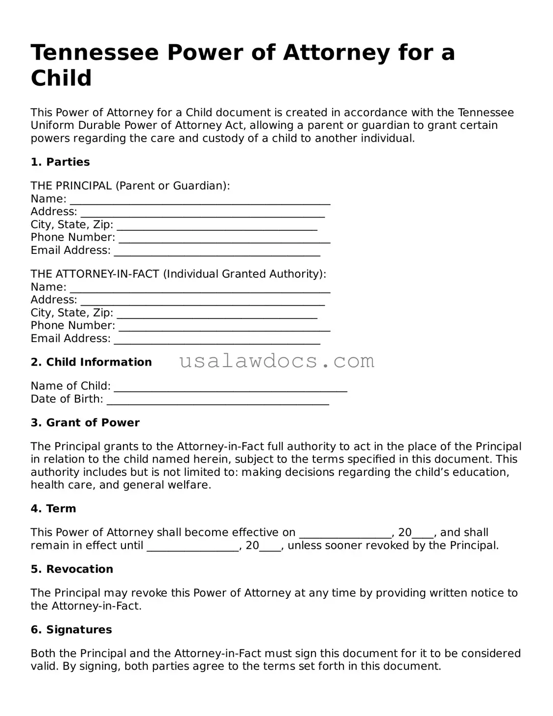 Attorney-Approved  Power of Attorney for a Child Form for Tennessee