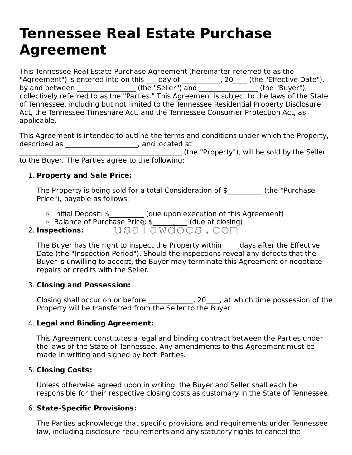 Attorney-Approved  Real Estate Purchase Agreement Form for Tennessee