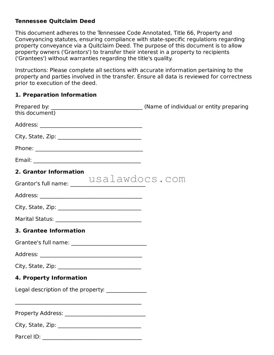 Attorney-Approved  Quitclaim Deed Form for Tennessee