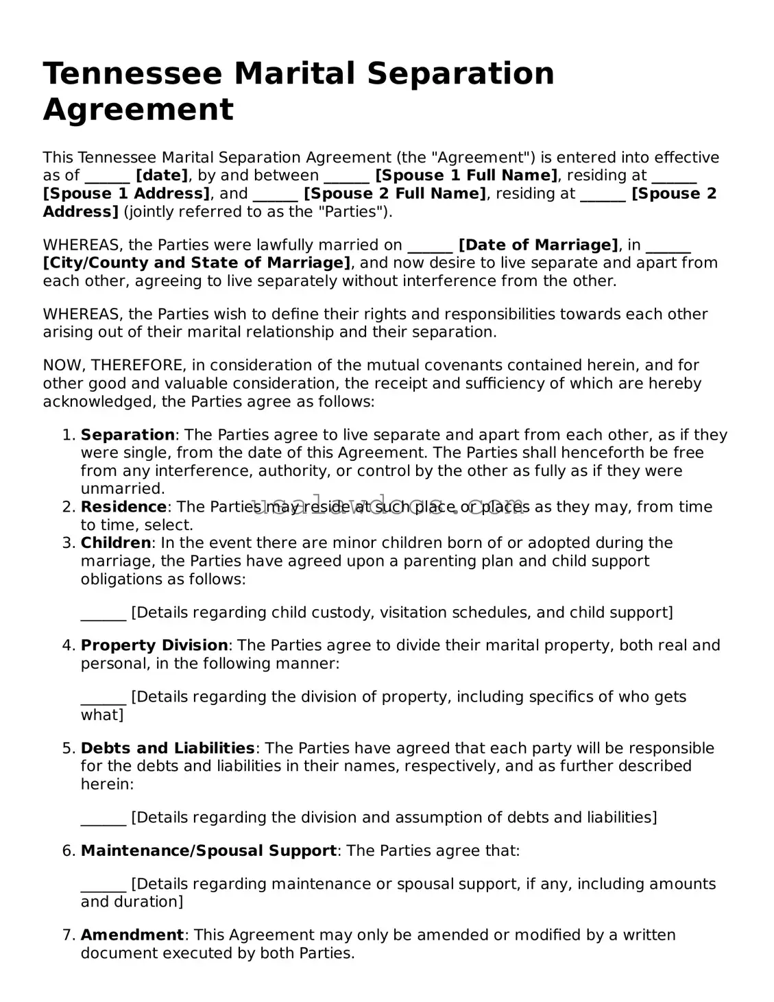 Attorney-Approved  Marital Separation Agreement Form for Tennessee
