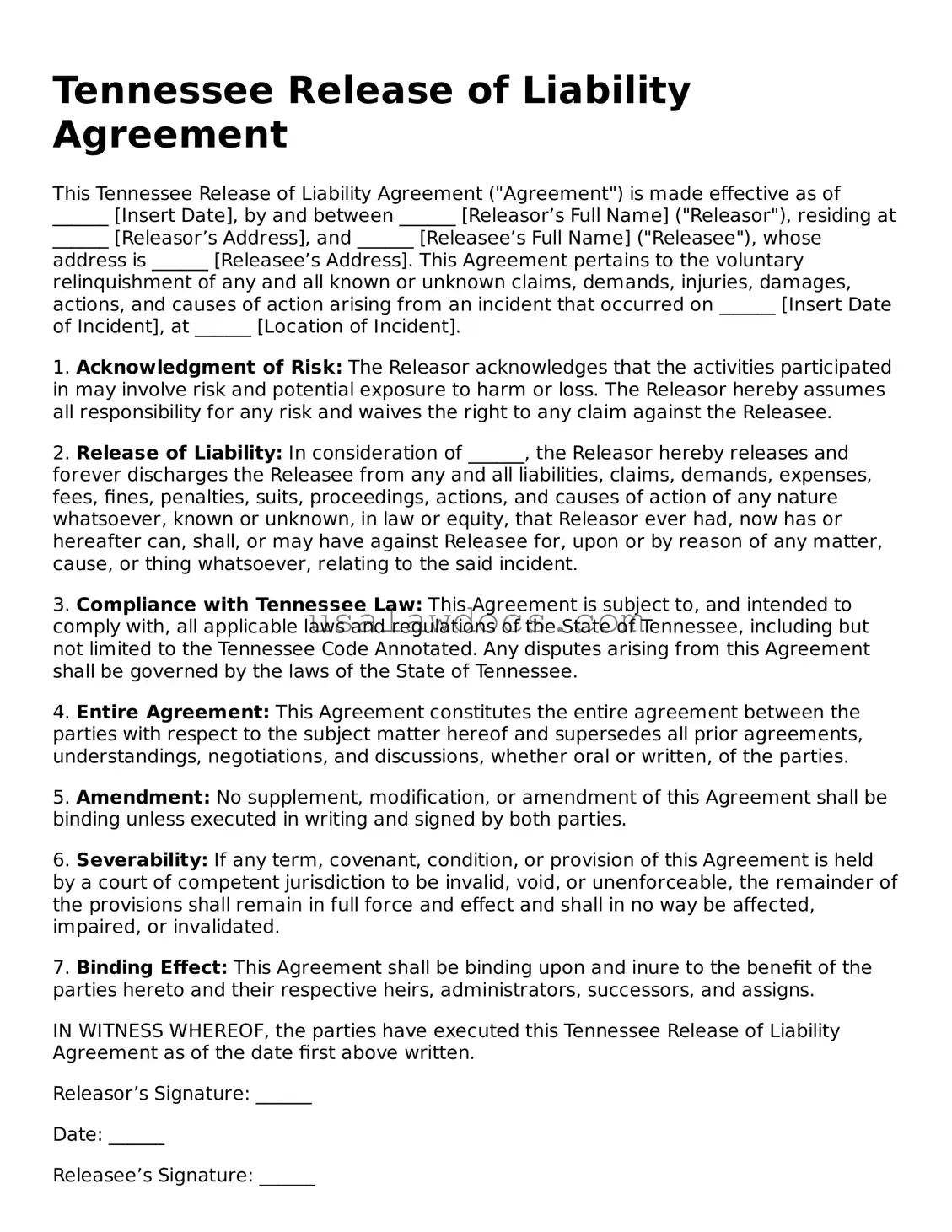 Attorney-Approved  Release of Liability Form for Tennessee