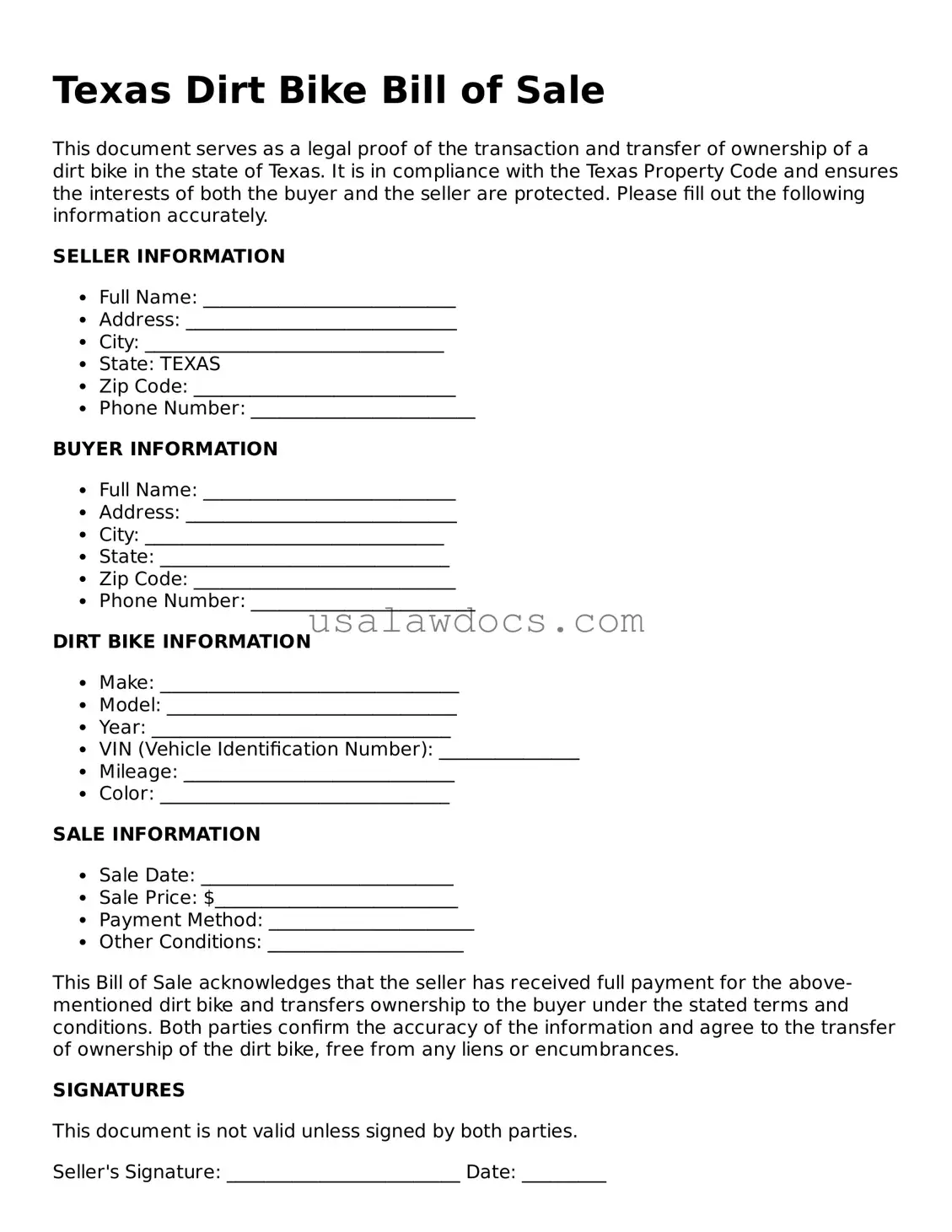 Attorney-Approved  Dirt Bike Bill of Sale Form for Texas