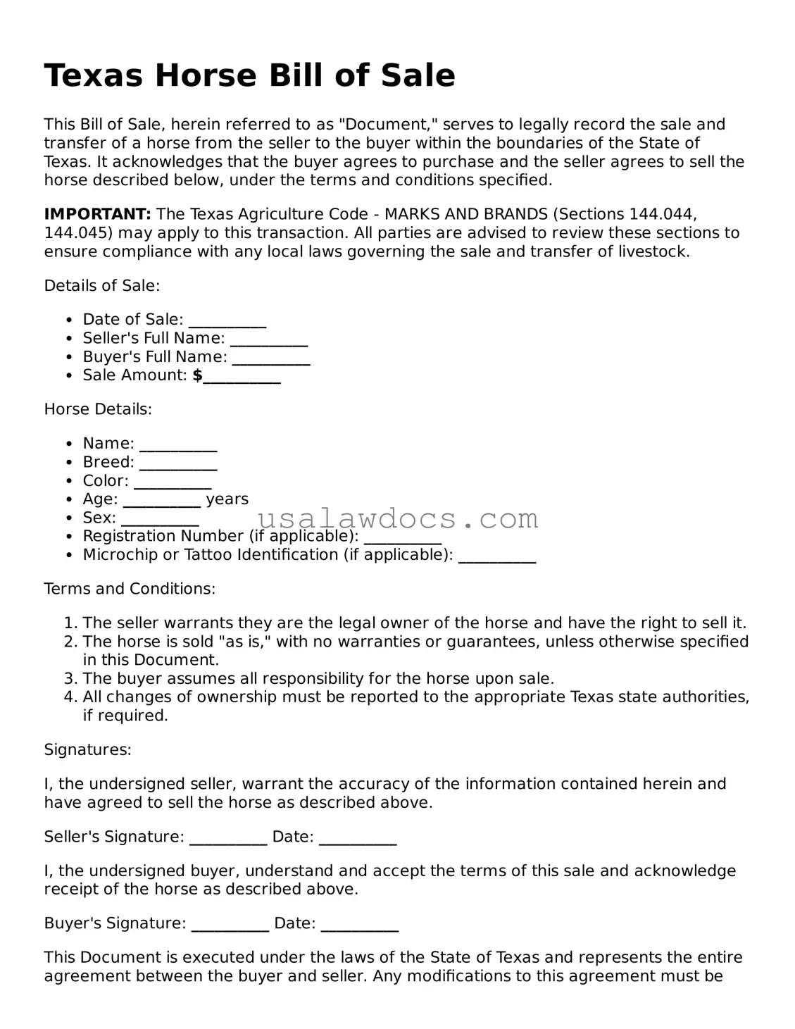 Attorney-Approved  Horse Bill of Sale Form for Texas
