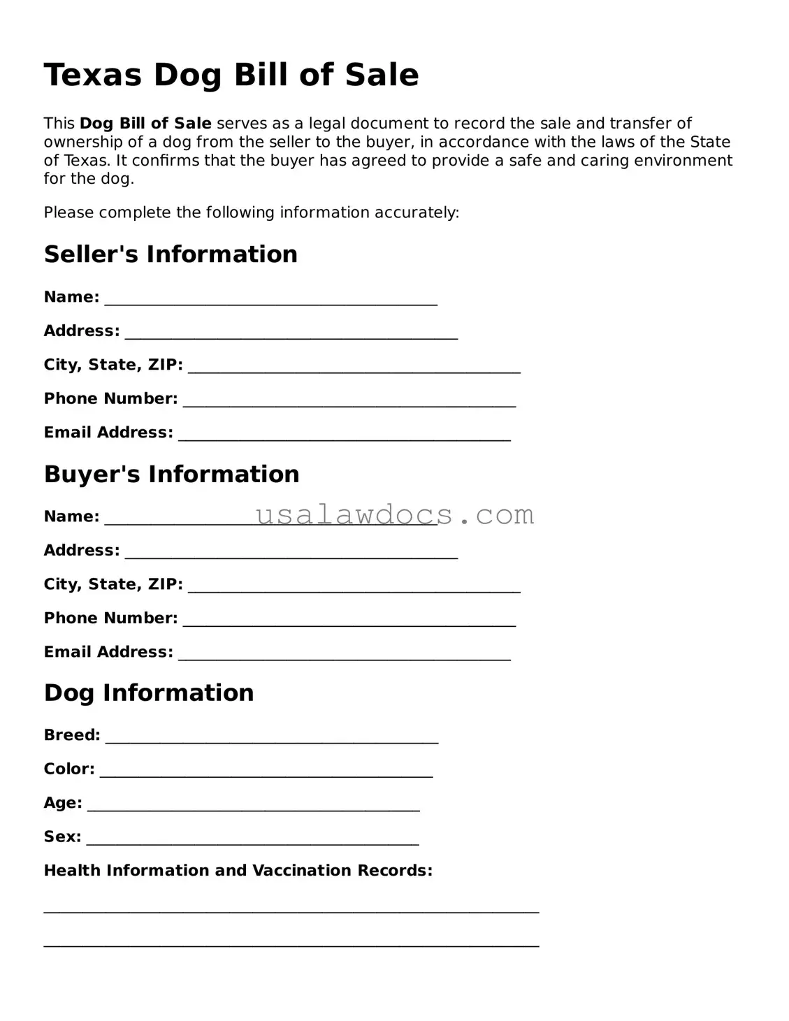Attorney-Approved  Dog Bill of Sale Form for Texas