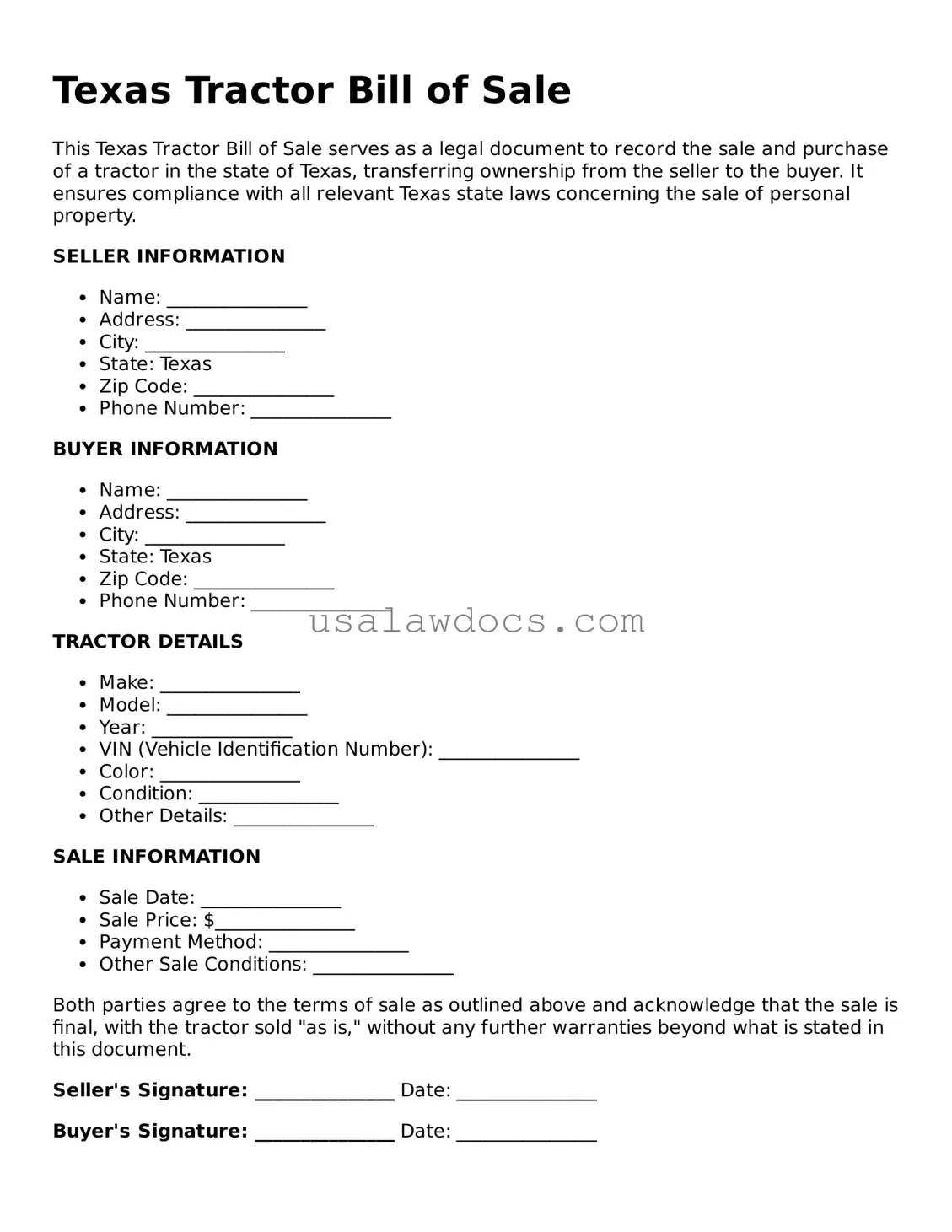 Attorney-Approved  Tractor Bill of Sale Form for Texas