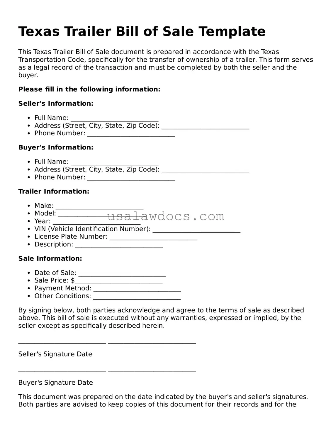 Attorney-Approved  Trailer Bill of Sale Form for Texas