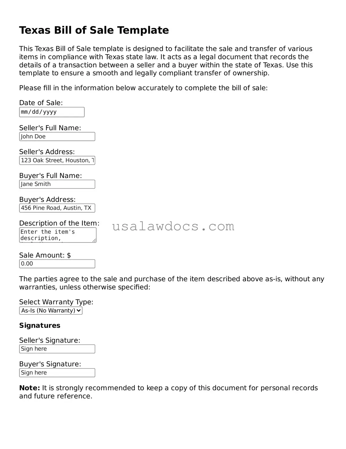 Attorney-Approved  Bill of Sale Form for Texas