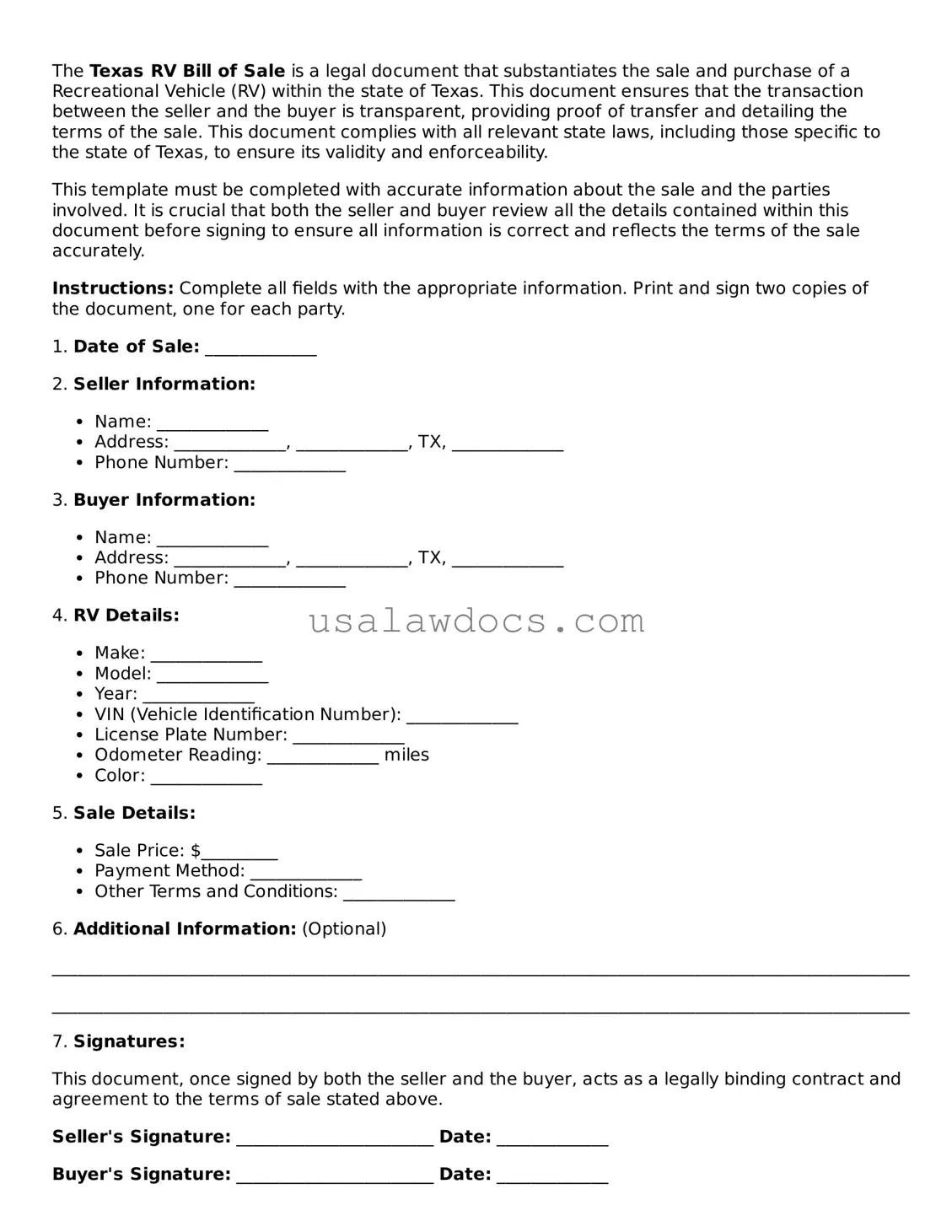 Attorney-Approved  RV Bill of Sale Form for Texas