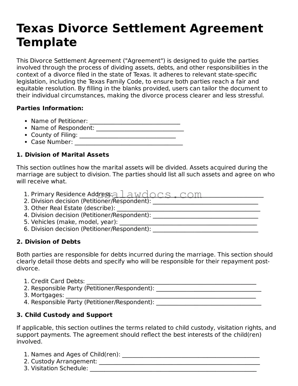 Attorney-Approved  Divorce Settlement Agreement Form for Texas