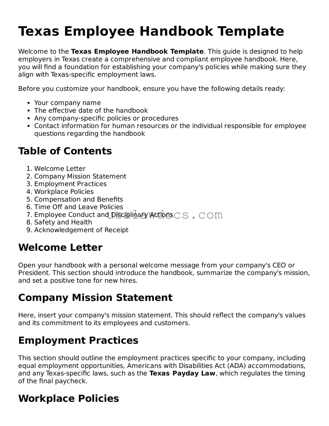 Attorney-Approved  Employee Handbook Form for Texas