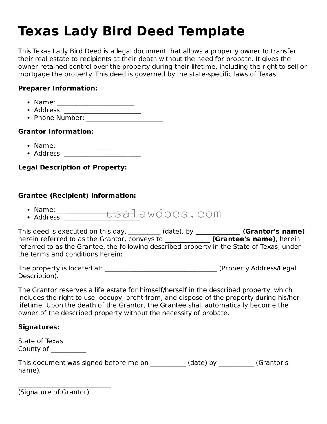 Attorney-Approved  Lady Bird Deed Form for Texas