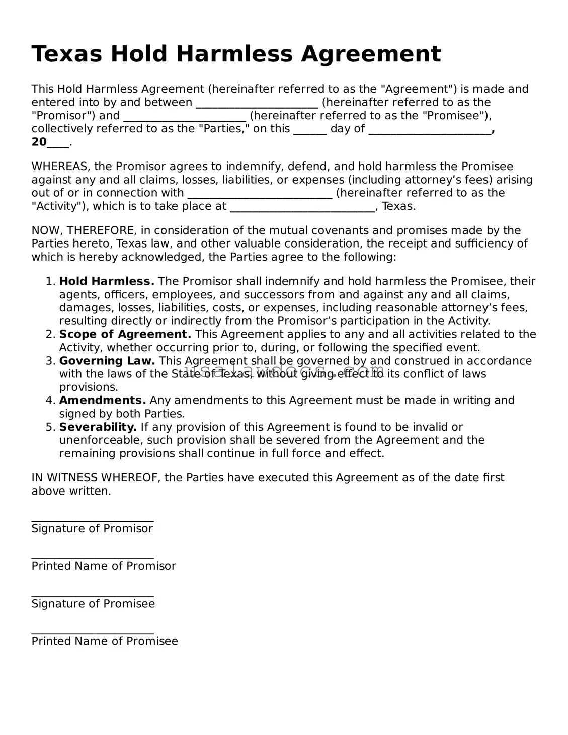 Attorney-Approved  Hold Harmless Agreement Form for Texas