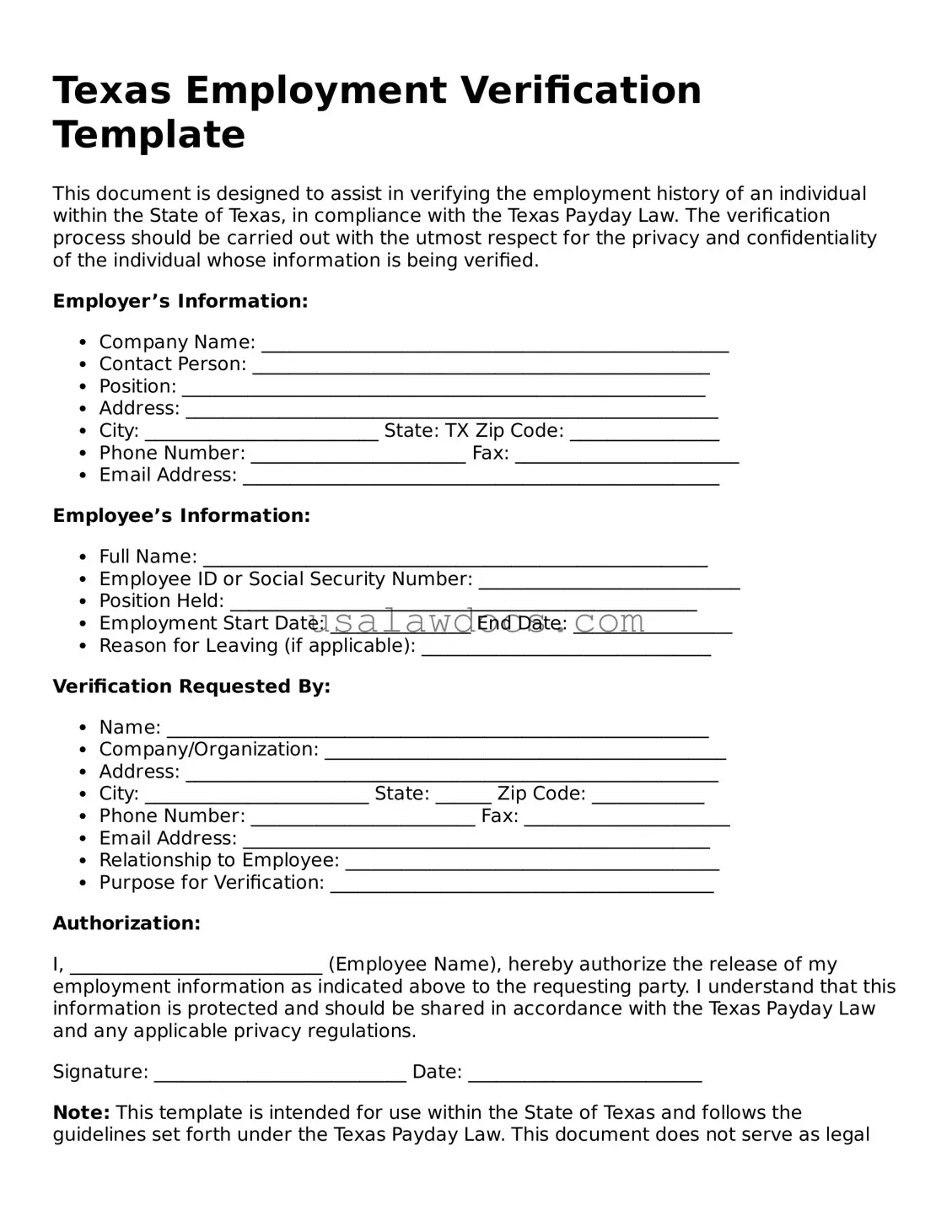 Attorney-Approved  Employment Verification Form for Texas