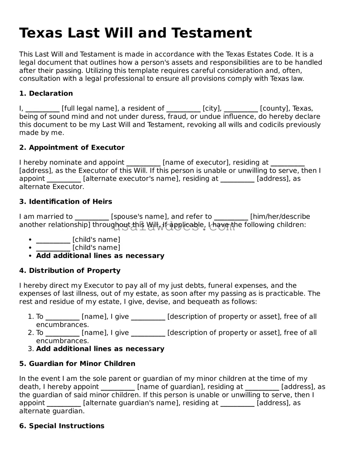 Attorney-Approved  Last Will and Testament Form for Texas