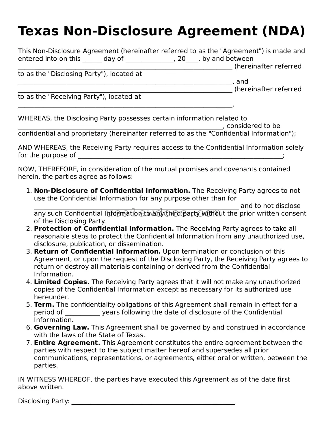Attorney-Approved  Non-disclosure Agreement Form for Texas