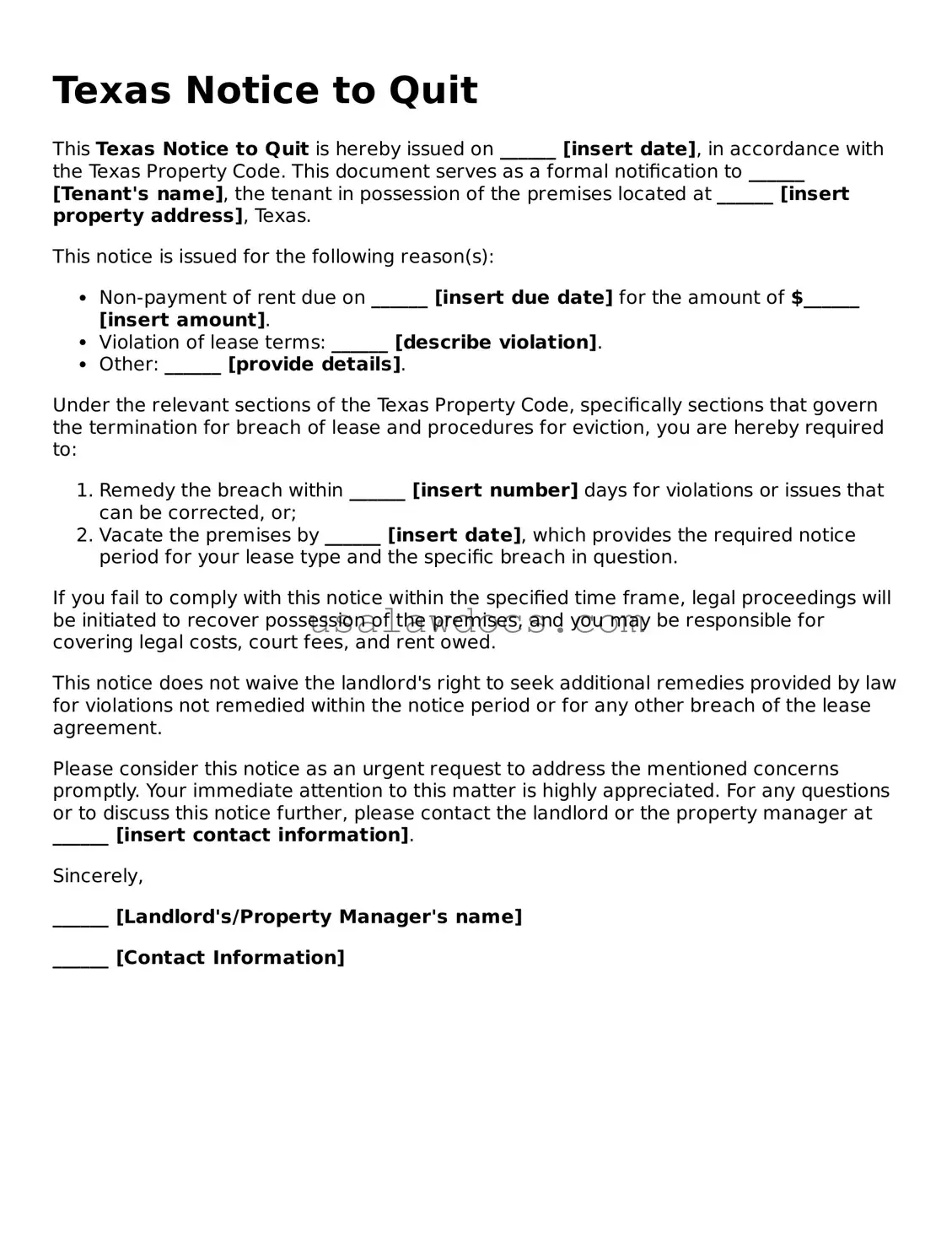 Attorney-Approved  Notice to Quit Form for Texas