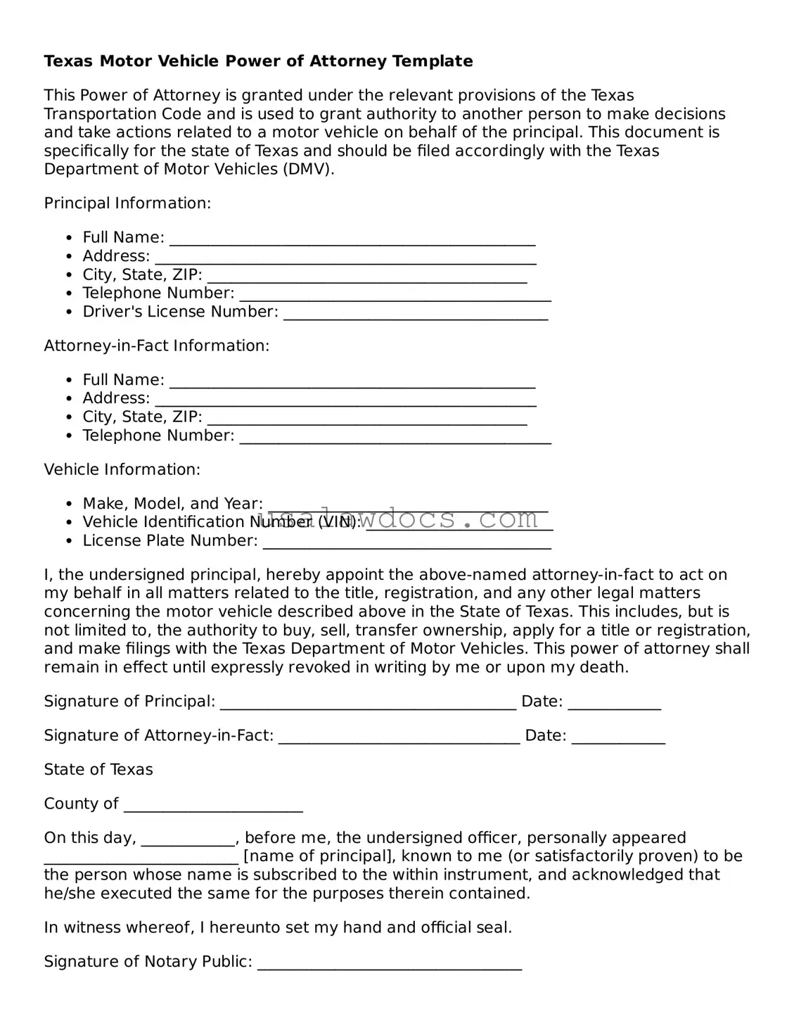 Attorney-Approved  Motor Vehicle Power of Attorney Form for Texas