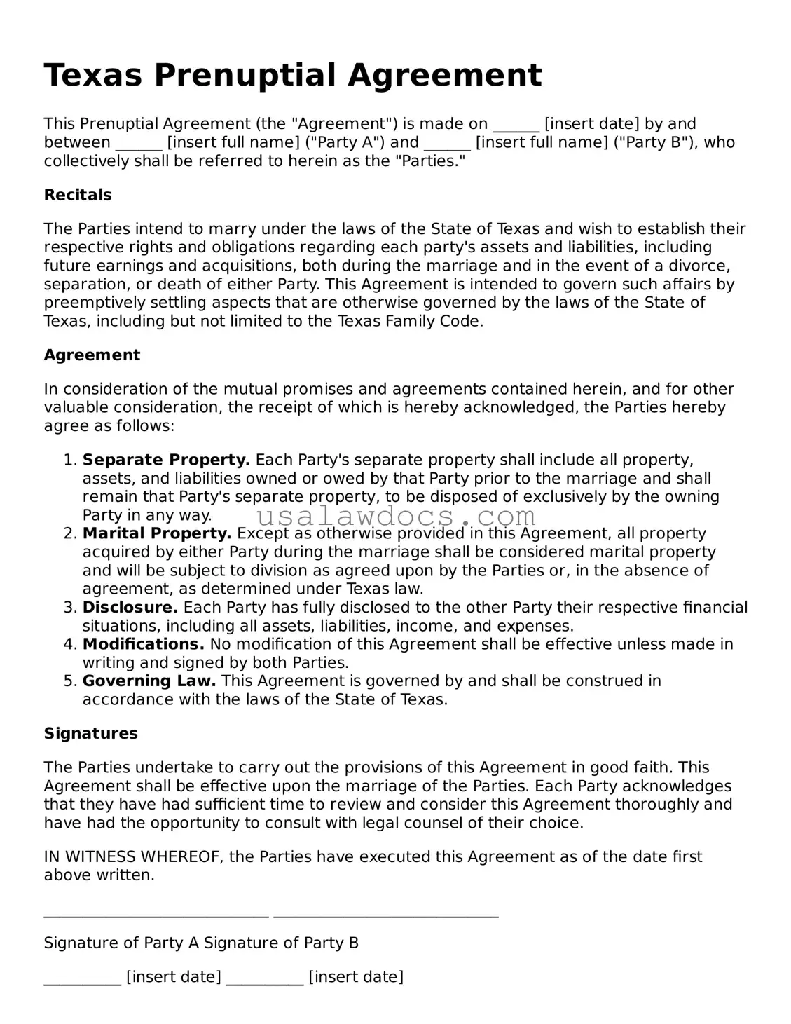 Attorney-Approved  Prenuptial Agreement Form for Texas