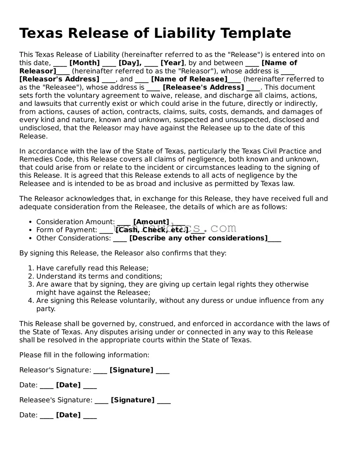 Attorney-Approved  Release of Liability Form for Texas