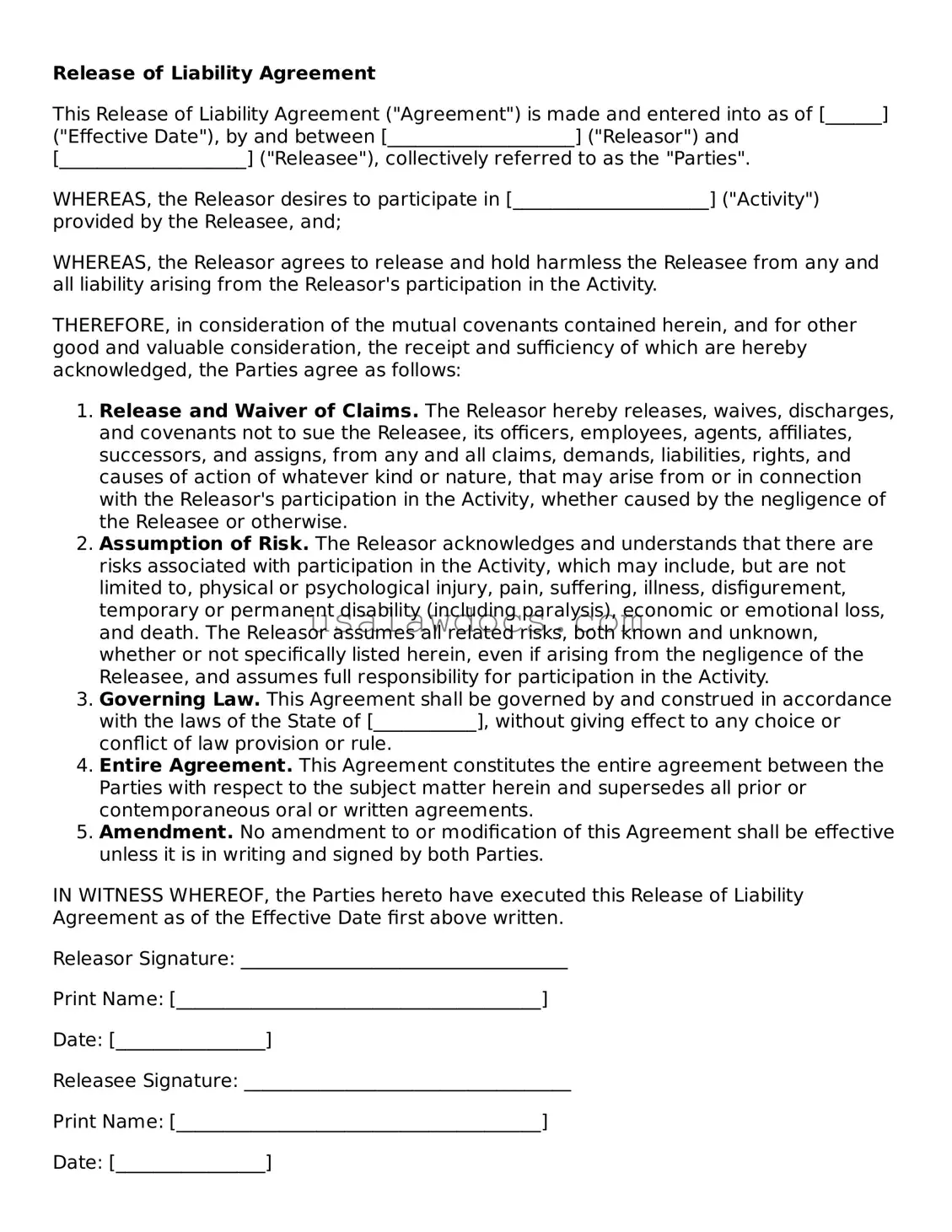 Free Release of Liability Form