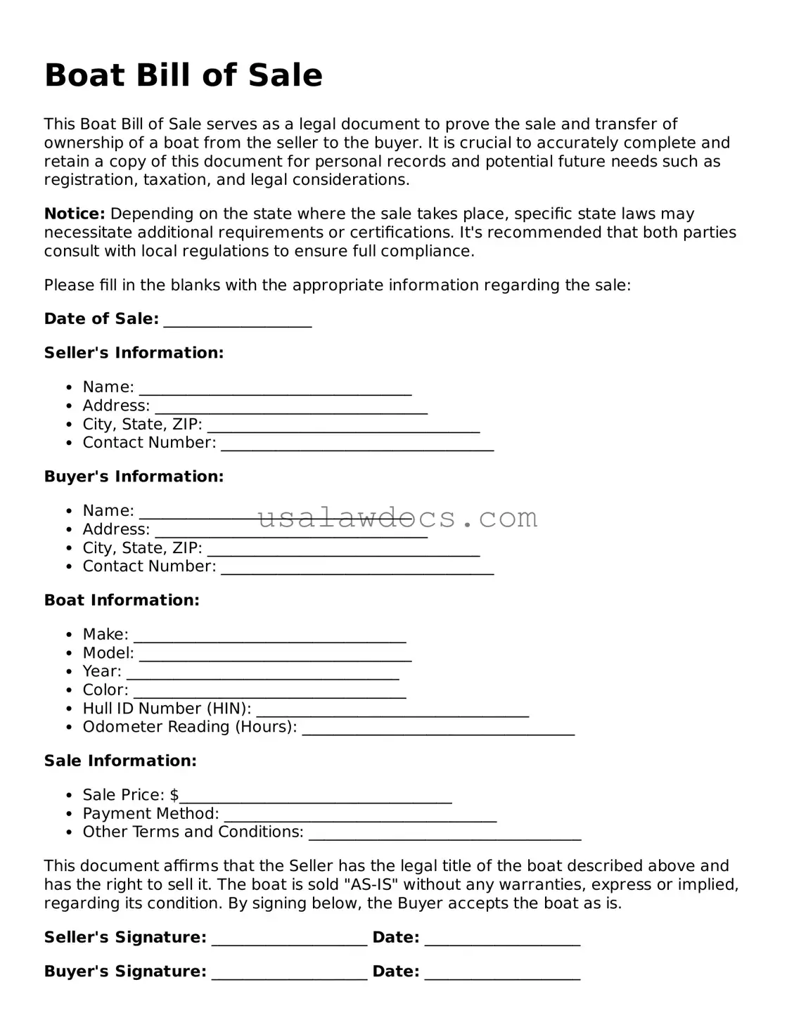 Free Boat Bill of Sale Form